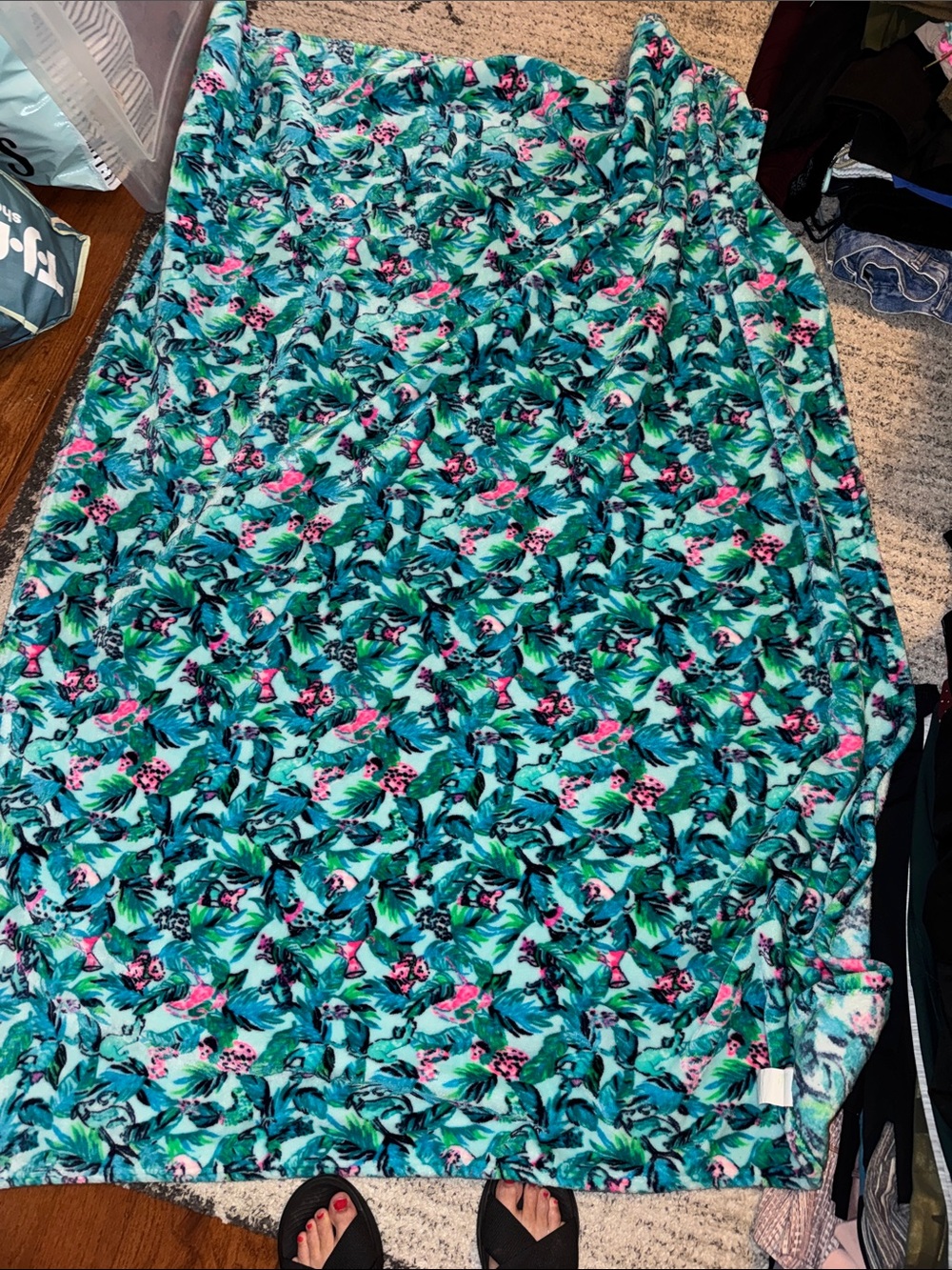Lilly Pulitzer Teal and Pink Tropical Leaf Plush Throw